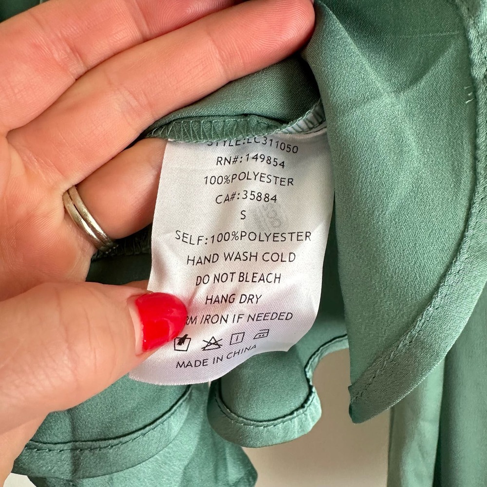 SAGE The Label Tie-Front Balloon Sleeve Ruffle Trim Blouse Green S - Picture 6 of 8